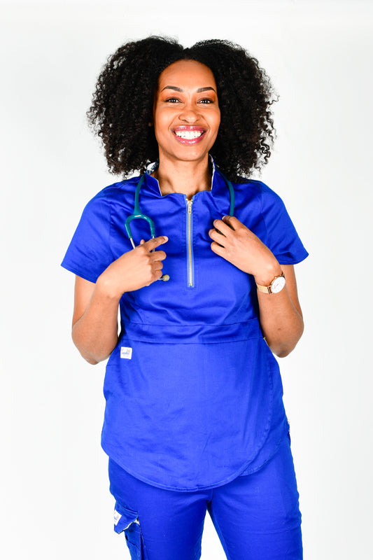 Aminatu Stretch Women's Medical Scrub Set with African Print Accents in Royal Blue